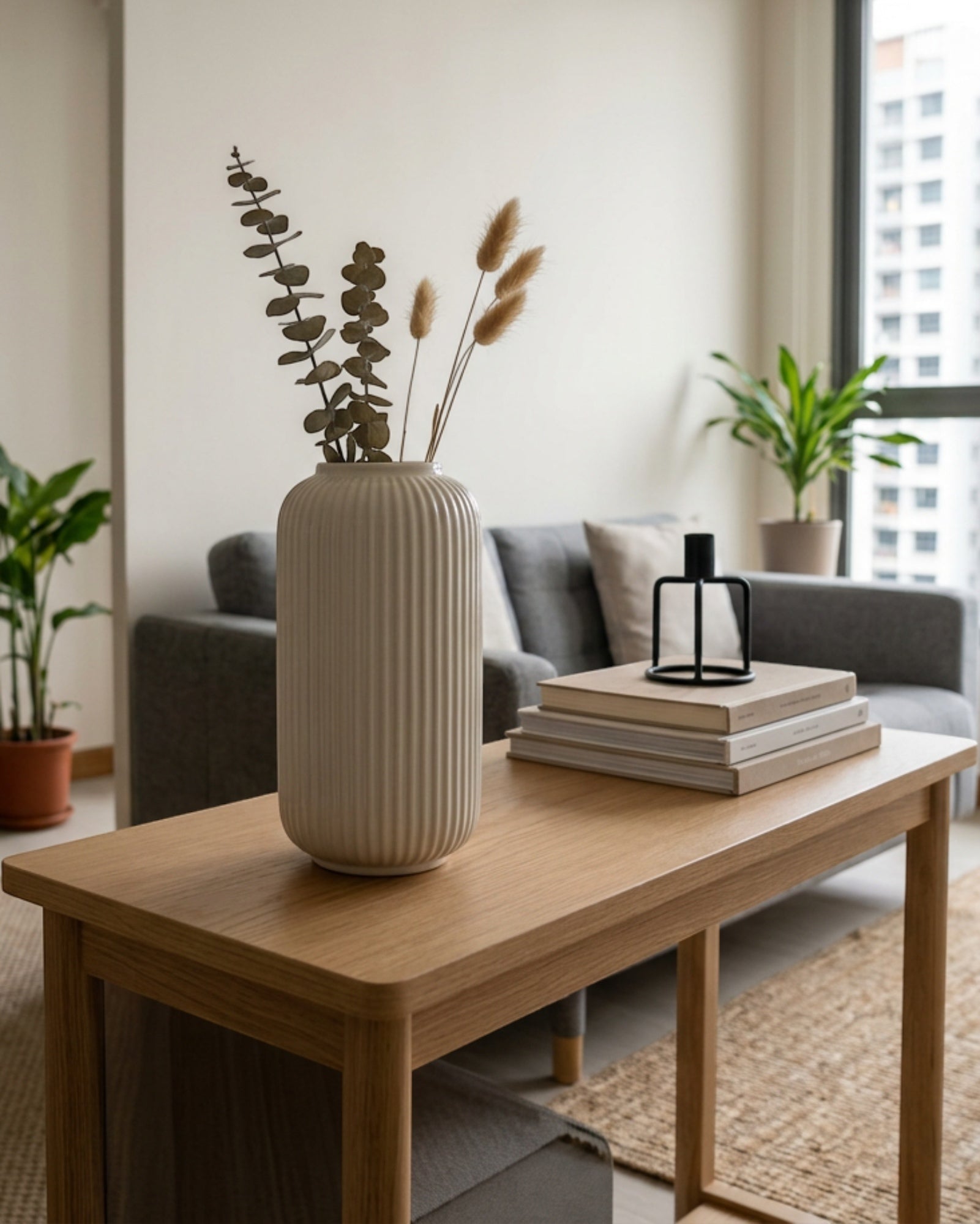 Blnxg Ribbed Ceramic Vase Warm White 10 in